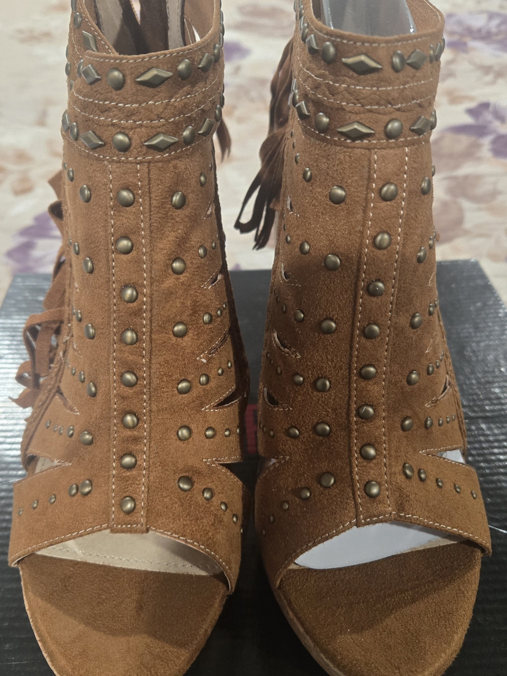 Not Rated Brown Suede Studded Lace-Up Heels